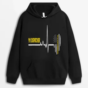 911 Dispatcher Heartbeat Police Thin Flag Hoodie - Black