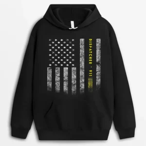 American Flag 911 Dispatcher  Gold Line Usa Flag Hoodie - Black