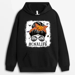 CNA Certified Nursing Assistant Messy Bun Spooky Halloween Hoodie - Black