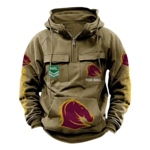 Brisbane Broncos NRL Tactical Quarter Zip Hoodie NRL43012125558, Gift For Fan Brisbane Broncos - Khaki