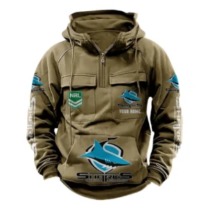 Cronulla Sharks NRL Tactical Quarter Zip Hoodie NRL43012125564, Gift For Fan Cronulla Sharks - Khaki