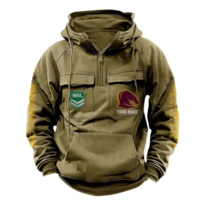 Brisbane Broncos NRL Tactical Quarter Zip Hoodie NRL43012125573, Gift For Fan Brisbane Broncos - Khaki