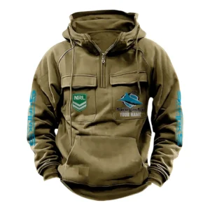 Cronulla Sharks NRL Tactical Quarter Zip Hoodie NRL43012125580, Gift For Fan Cronulla Sharks - Khaki