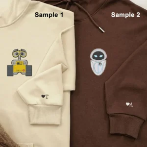 Custom Embroidered Hoodies For Couples, Cute Cartoon Wall E And Eve Couples Embroidered Hoodie, Gift For Boyfriend, Girlfriend
