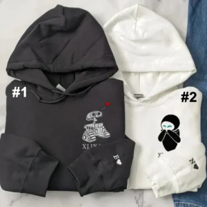 Custom Embroidered Hoodies For Couples, Wall E And Eve Couple Matching Embroidered Hoodie For Boyfriend, Girlfriend