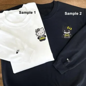 Custom Embroidered Sweatshirts For Couples, Custom Matching Couple Sweatshirt, Cartoon Batman And Kitten Couples Embroidered Sweater