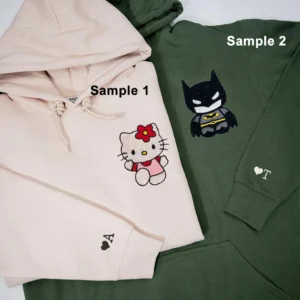 Custom Embroidered Hoodies For Couples, Lovely Batman And Kitten Couples Embroidered Hoodie, Gift For Her/Him, Boyfriend, Girlfriend