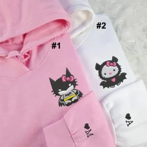 Cute Batman And Kitten Couples Embroidered Sweatshirt, Maching Embroidered Hoodie For Couple, Boyfriend, Girlfriend