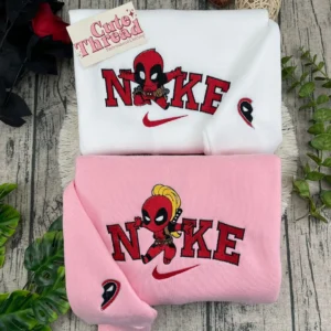 Deadpool Couple Chibi x Nike Embroidered Shirt, Embroidered Sweatshirt Fashion Style For Couples