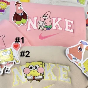 SpongeBob SquarePants And Patrick Star Cartoon Nike Embroidered Sweatshirt Fashion Style For Couples, Valentine Day