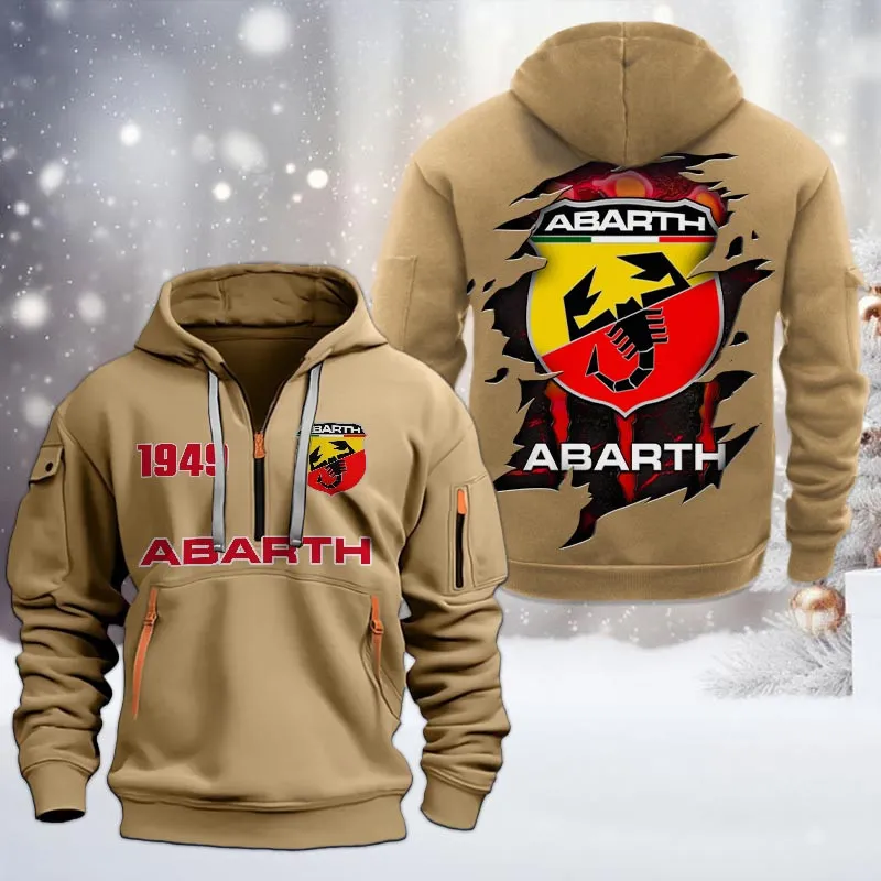 Abarth Half Zip Hoodie, All Over Print Half Zip Hoodies For Men CAR198032773 - Khaki