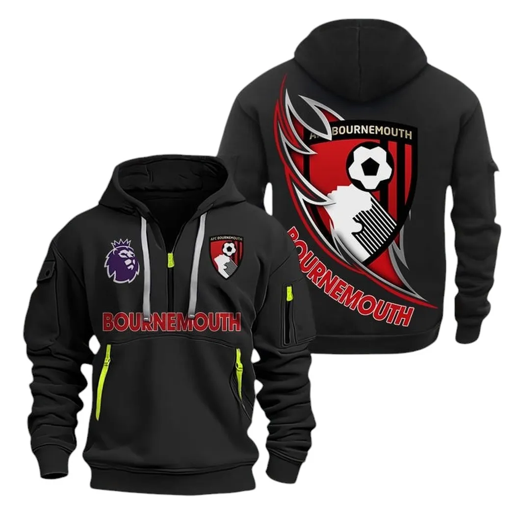 AFC Bournemouth Hoodie Half Zip, All Over Print Hoodie For AFC Bournemouth Fans EPL27042525121 - Black
