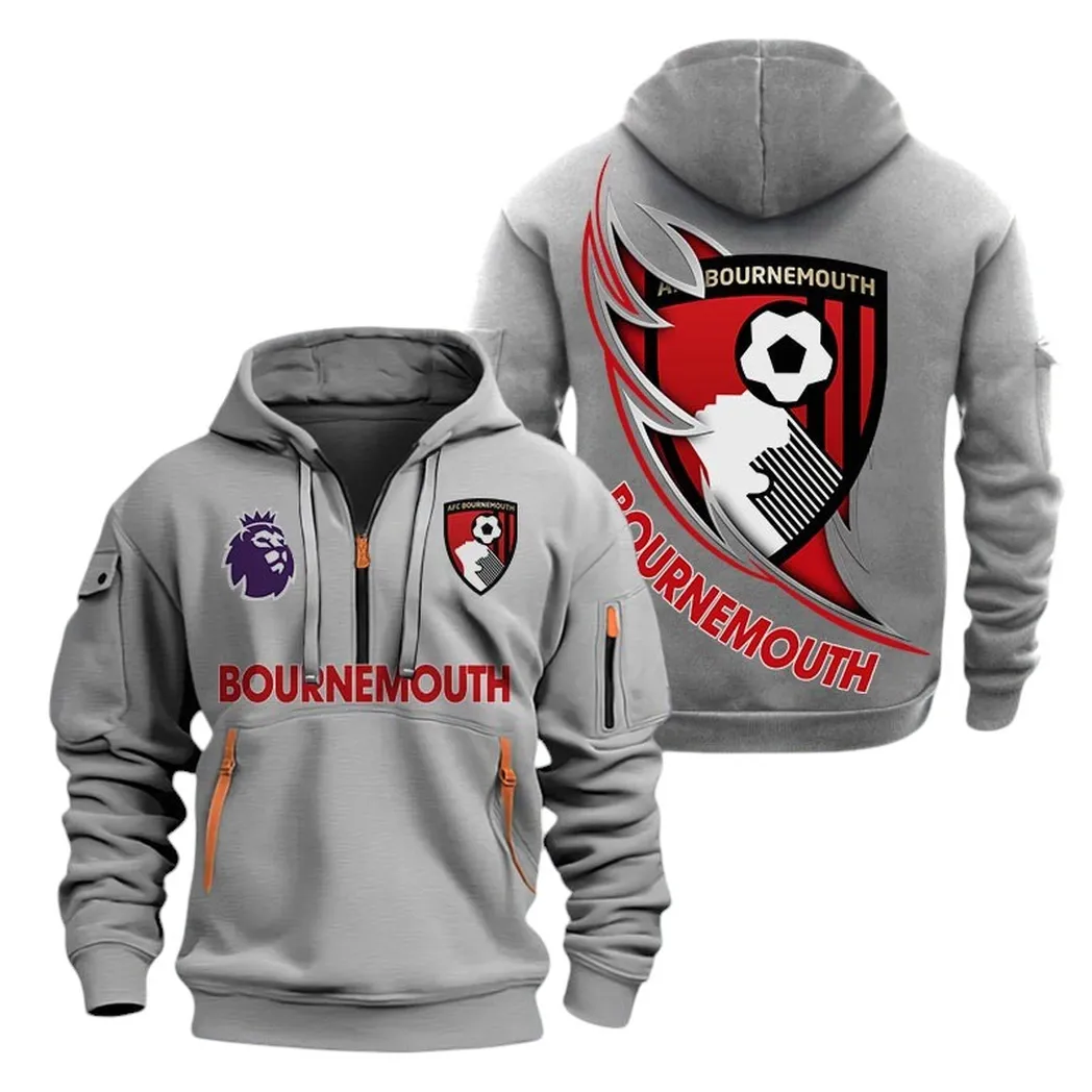 AFC Bournemouth Hoodie Half Zip, All Over Print Hoodie For AFC Bournemouth Fans EPL27042525121 - Gray