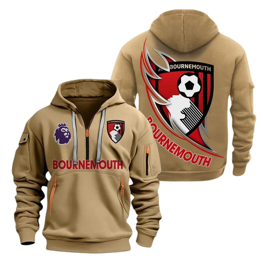 AFC Bournemouth Hoodie Half Zip, All Over Print Hoodie For AFC Bournemouth Fans EPL27042525121 - Khaki