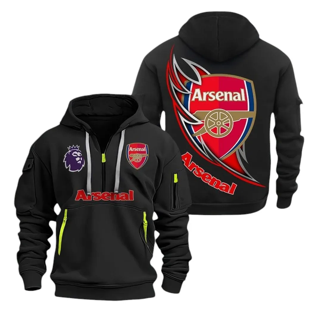 Arsenal Hoodie Half Zip, All Over Print Hoodie For Arsenal Fans EPL27042525116 - Black