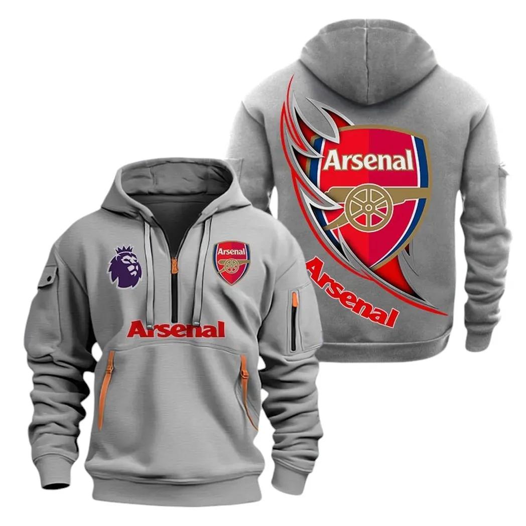 Arsenal Hoodie Half Zip, All Over Print Hoodie For Arsenal Fans EPL27042525116 - Gray