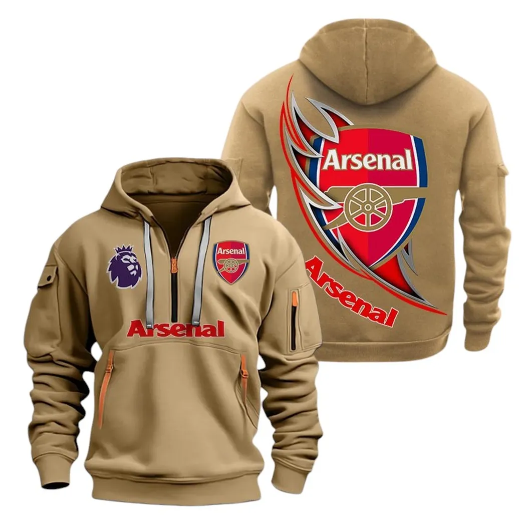 Arsenal Hoodie Half Zip, All Over Print Hoodie For Arsenal Fans EPL27042525116 - Khaki