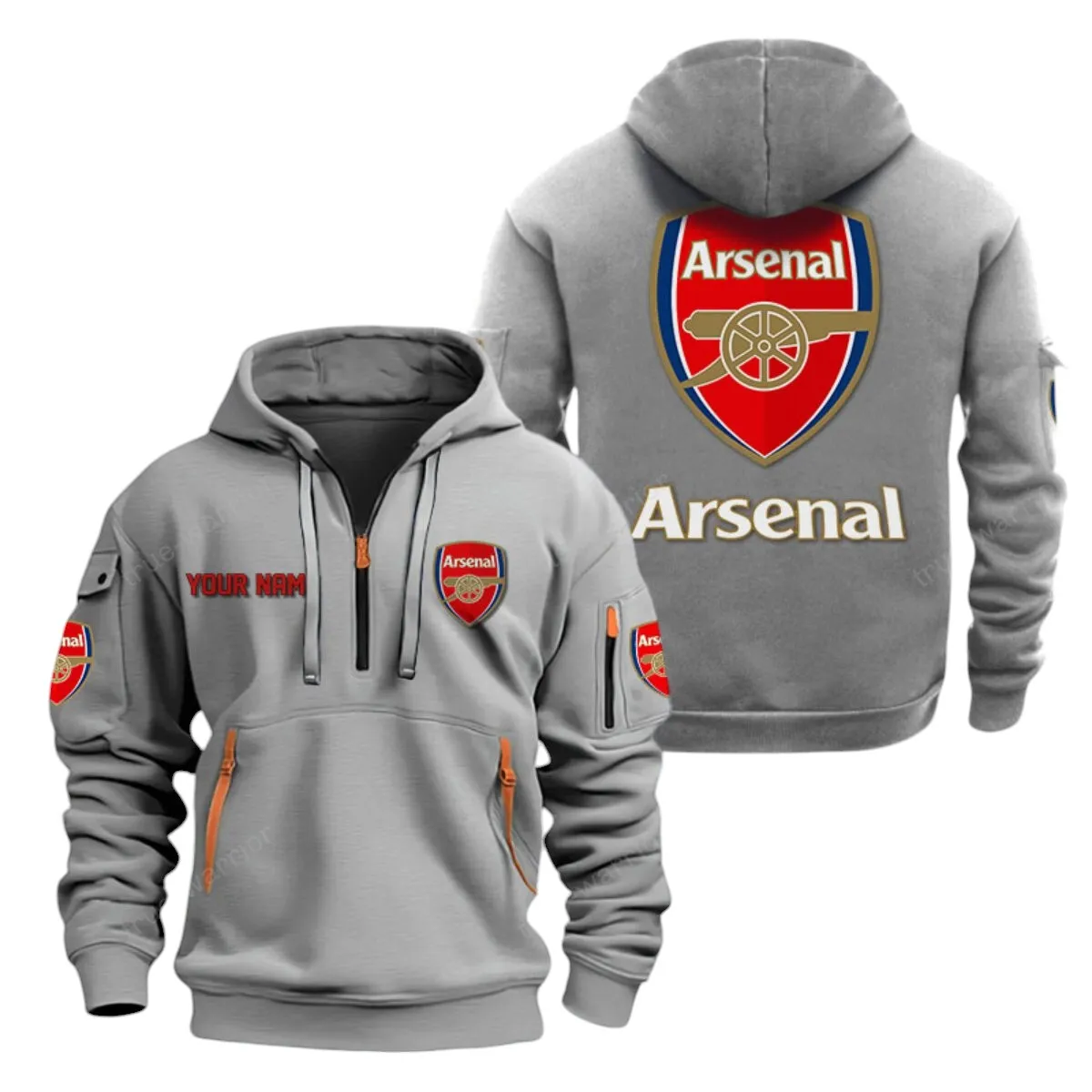 Arsenal Hoodie Half Zip, All Over Print Hoodie For Arsenal Fans EPL28042525904 - Gray