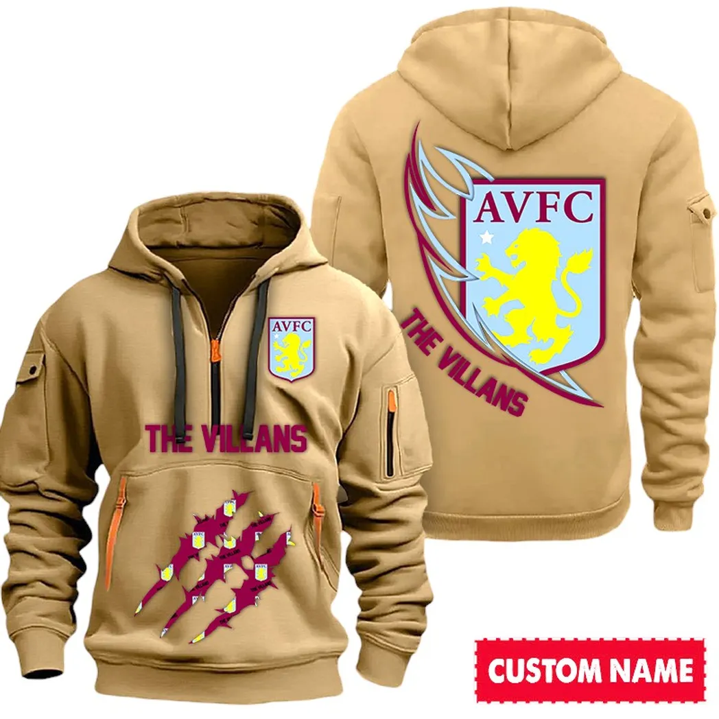 Aston Villa EPL Hoodie Half Zipp SPO0120002, Gift For Fan Aston Villa - Khaki