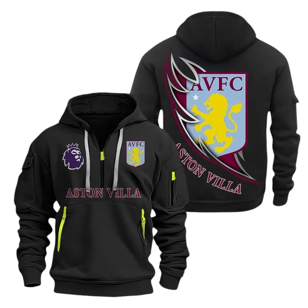 Aston Villa Hoodie Half Zip, All Over Print Hoodie For Aston Villa Fans EPL27042525147 - Black