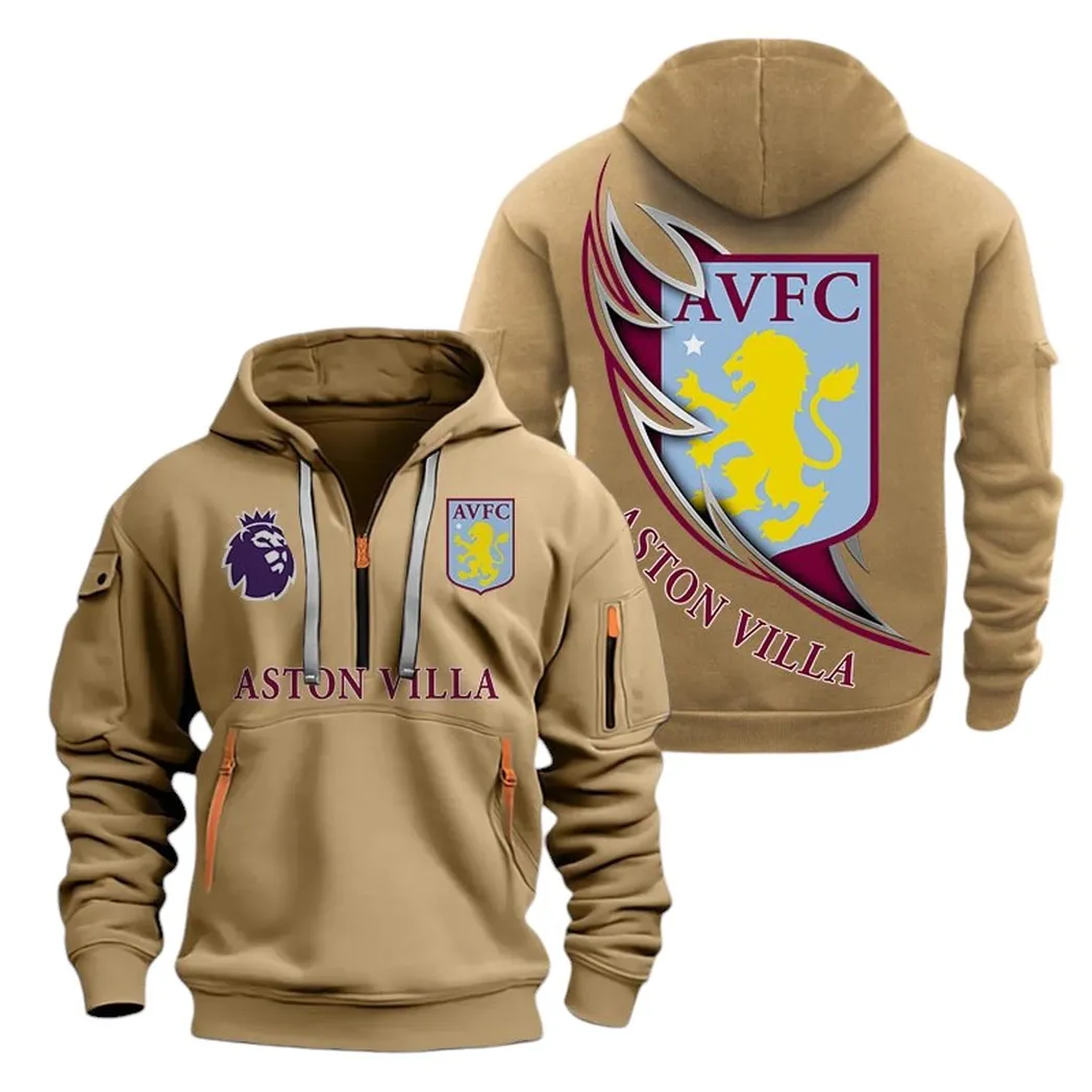 Aston Villa Hoodie Half Zip, All Over Print Hoodie For Aston Villa Fans EPL27042525147 - Khaki