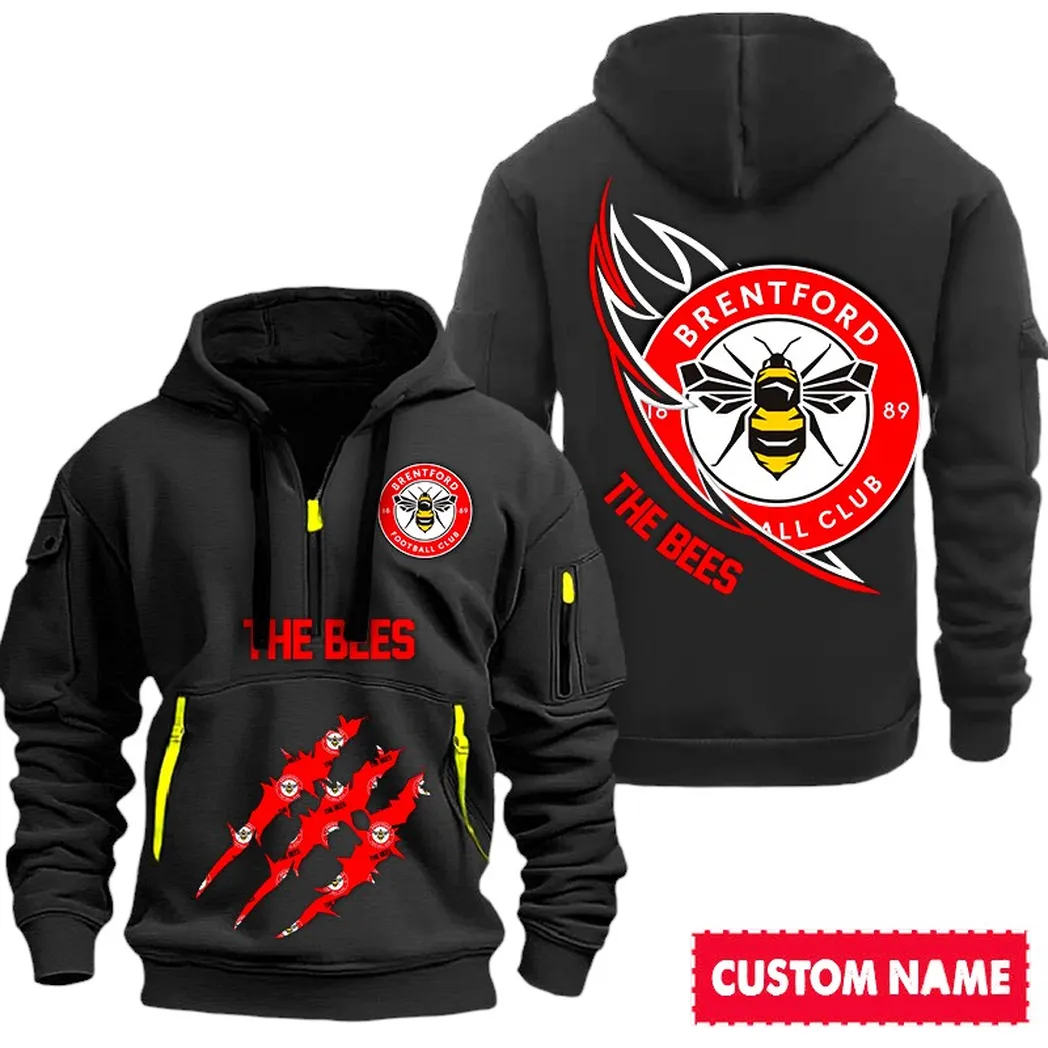 Brentford EPL Hoodie Half Zipp SPO0120004, Gift For Fan Brentford - Black