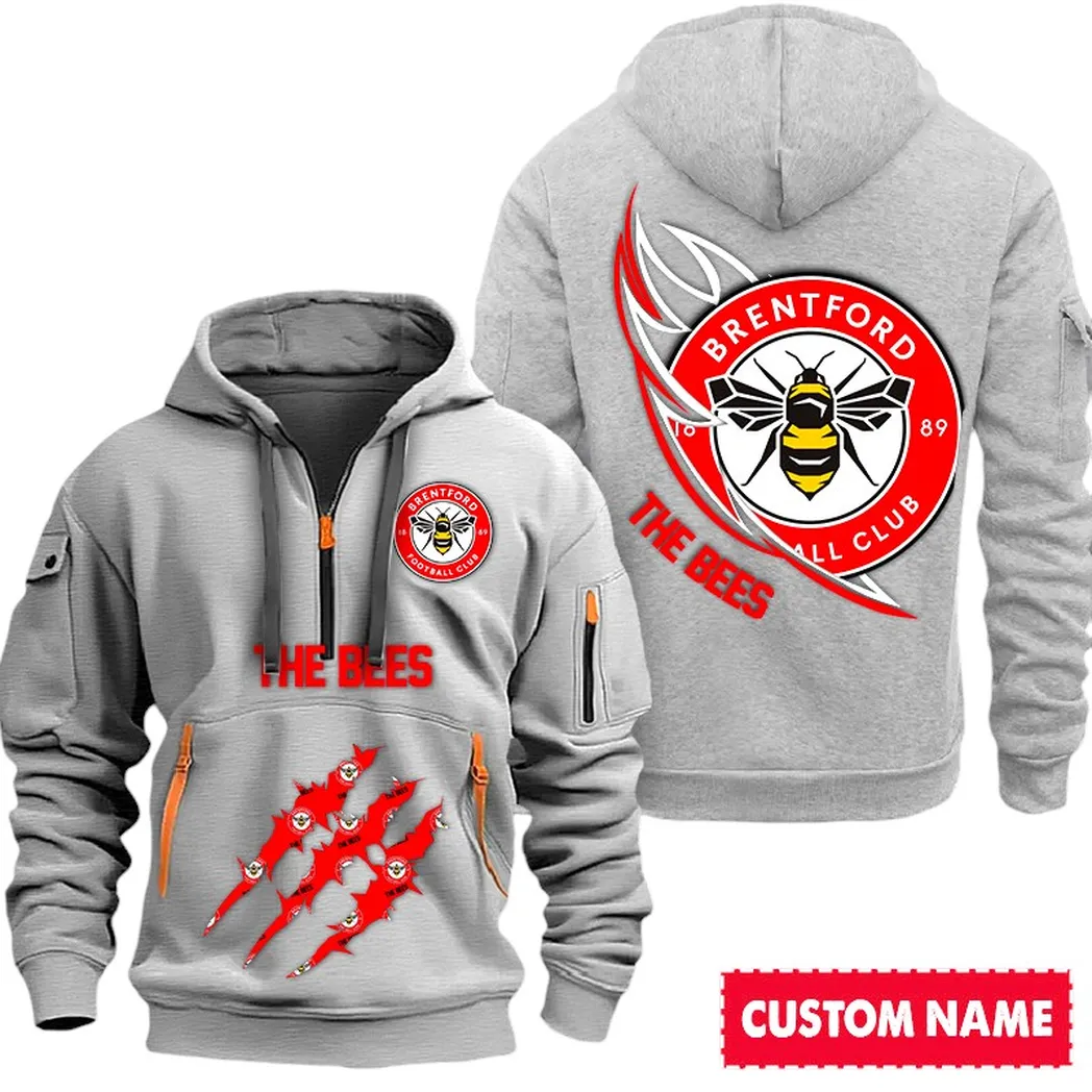Brentford EPL Hoodie Half Zipp SPO0120004, Gift For Fan Brentford - Gray