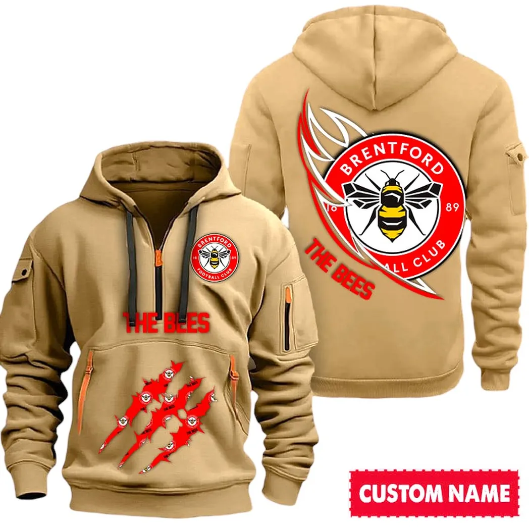 Brentford EPL Hoodie Half Zipp SPO0120004, Gift For Fan Brentford - Khaki