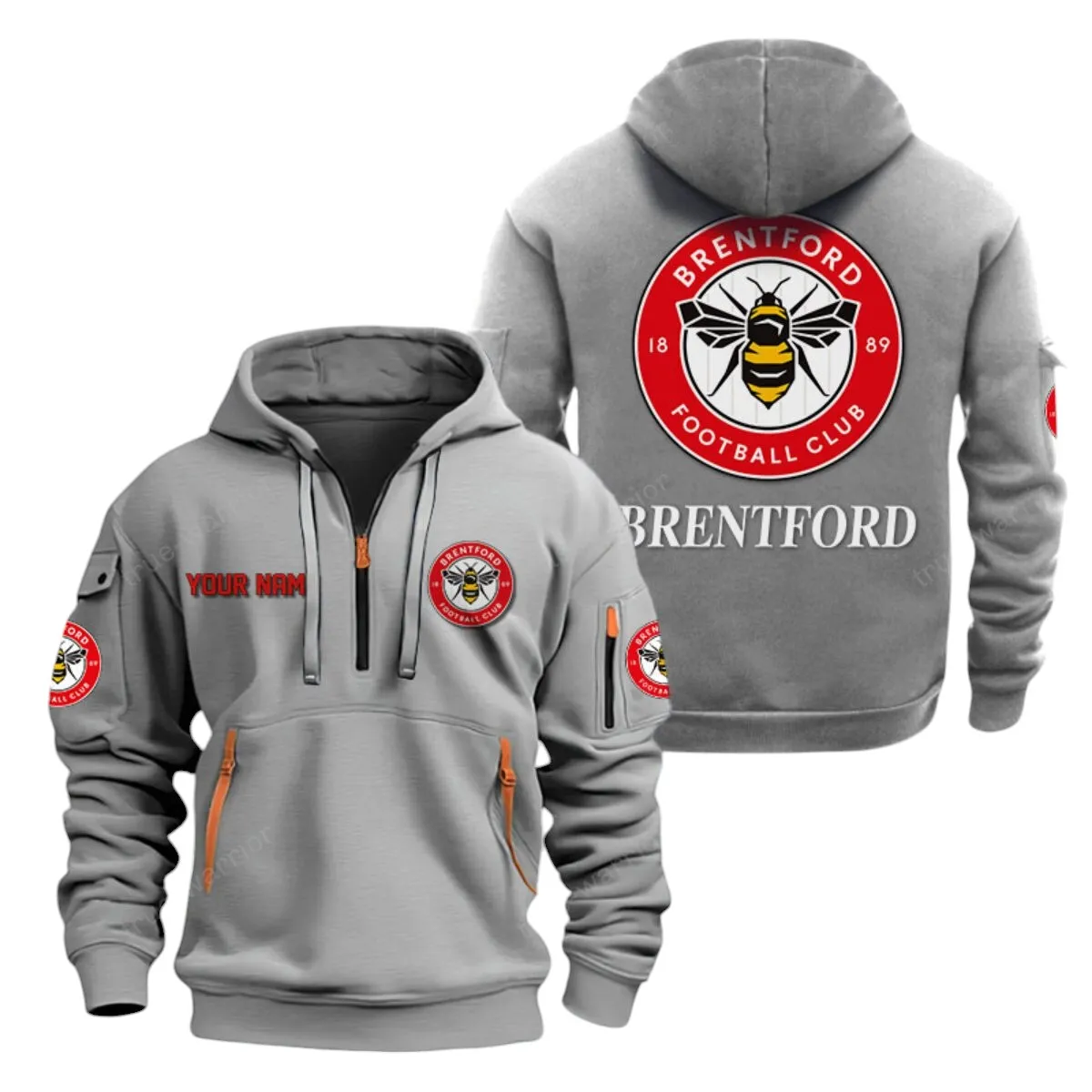 Brentford Hoodie Half Zip, All Over Print Hoodie For Brentford Fans EPL28042525899 - Gray