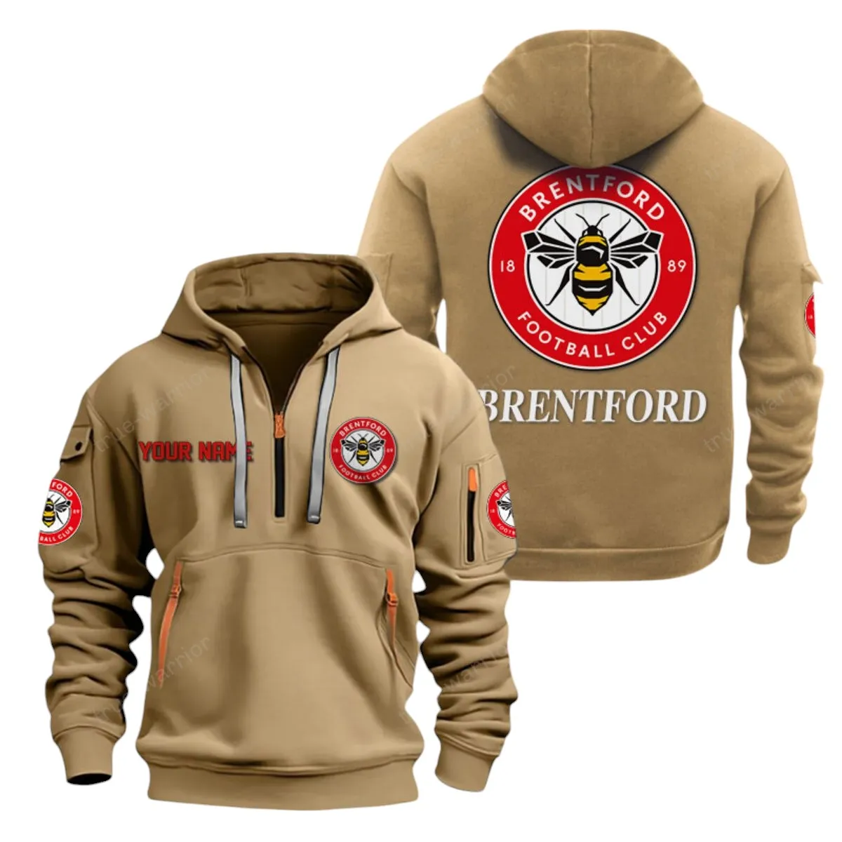 Brentford Hoodie Half Zip, All Over Print Hoodie For Brentford Fans EPL28042525899 - Khaki