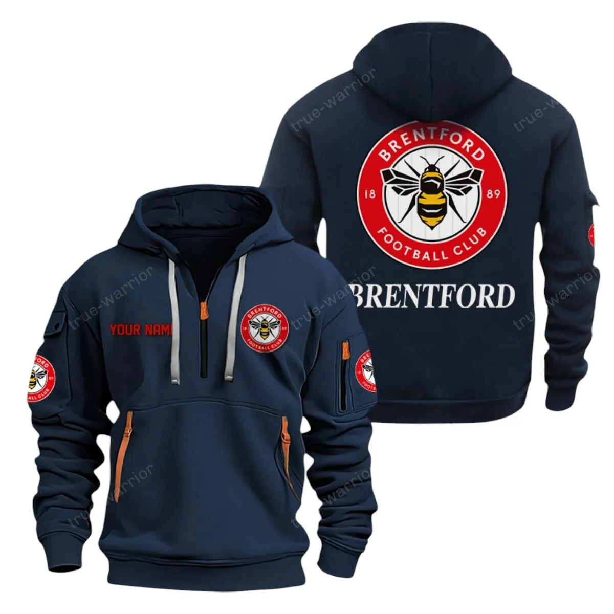 Brentford Hoodie Half Zip, All Over Print Hoodie For Brentford Fans EPL28042525899 - Navy