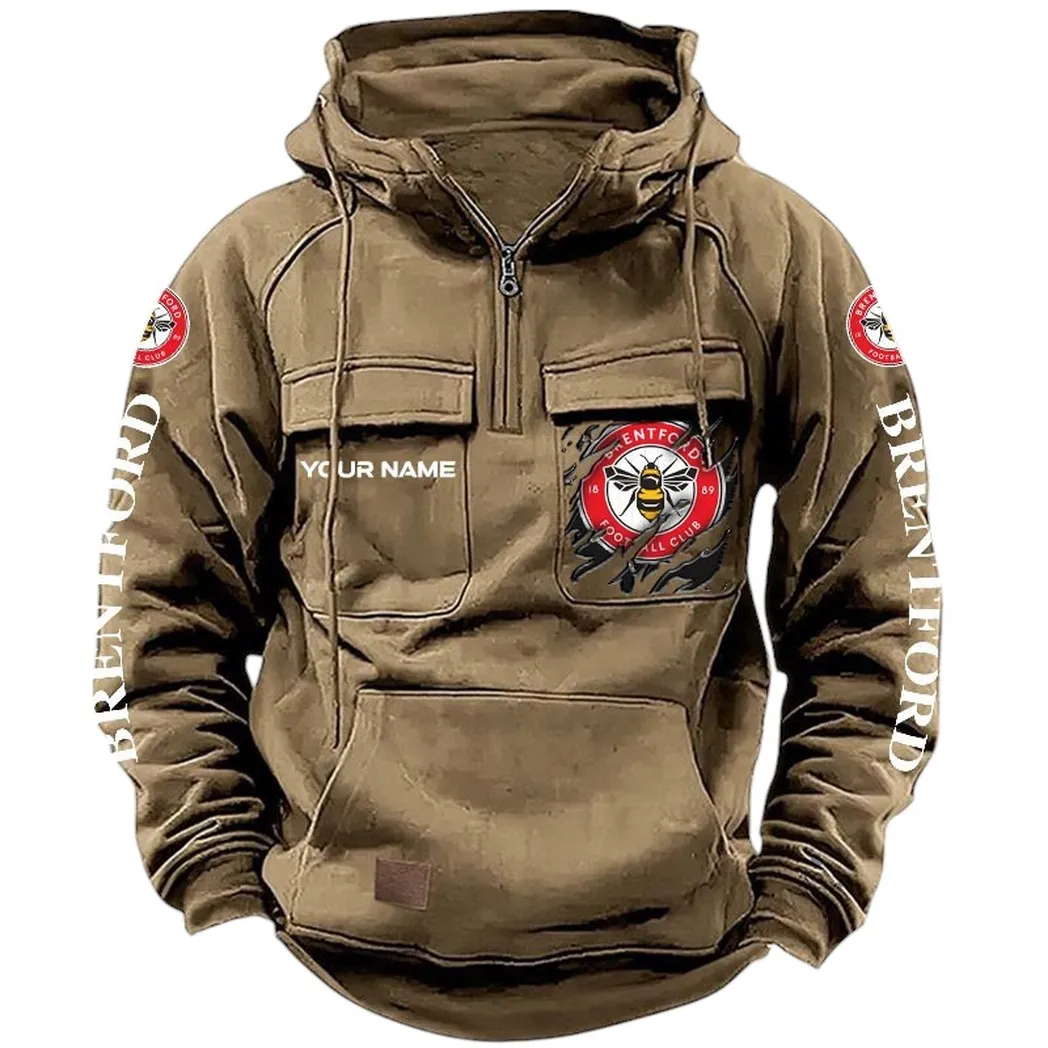 Brentford Hoodie  Tactical Quarter Zip, All Over Print Hoodie Brentford EPL17042625349 - Khaki