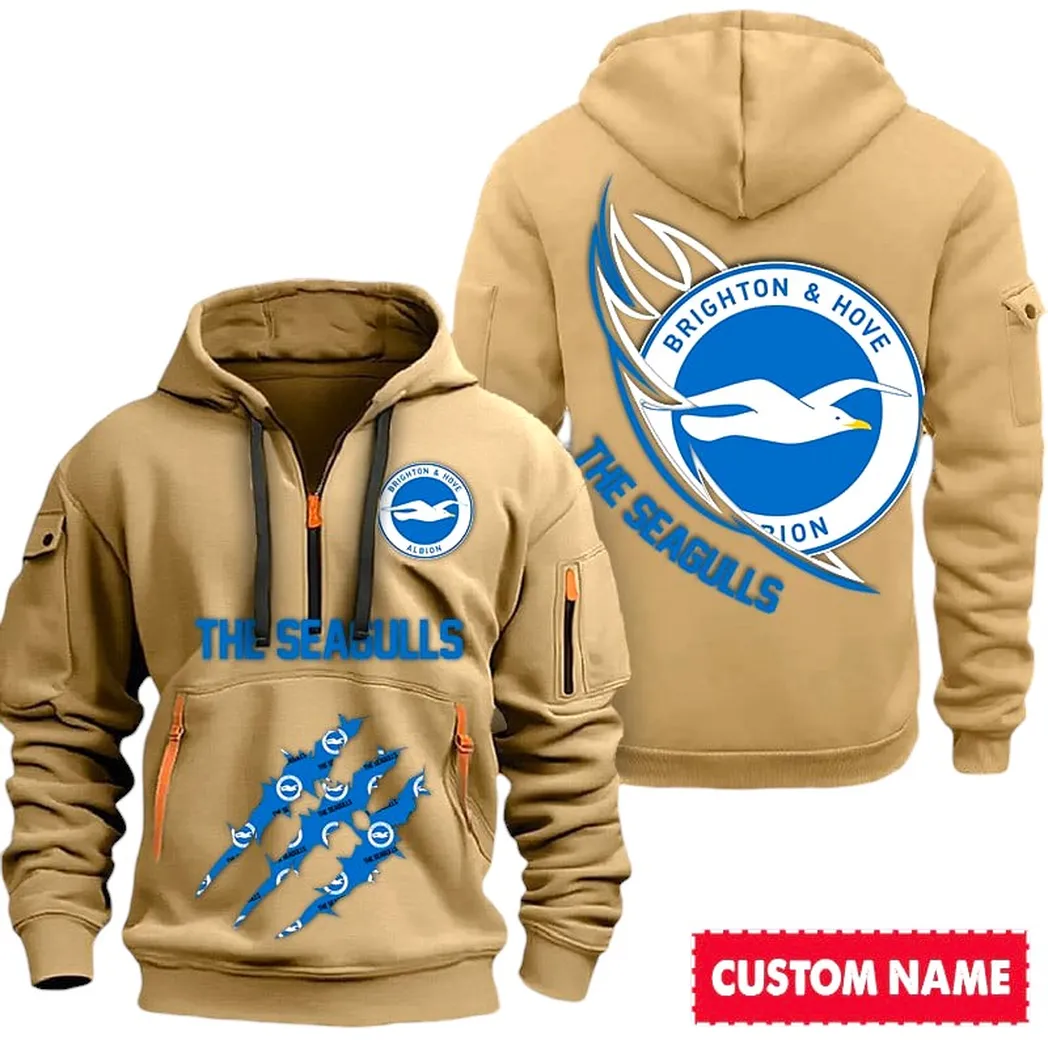 Brighton EPL Hoodie Half Zipp SPO0120005, Gift For Fan Brighton - Khaki