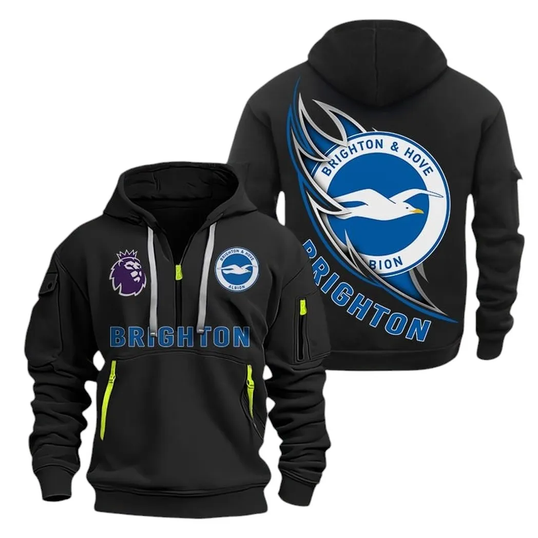 Brighton Hoodie Half Zip, All Over Print Hoodie For Brighton Fans EPL27042525117 - Black