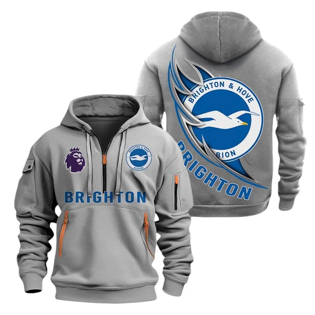 Brighton Hoodie Half Zip, All Over Print Hoodie For Brighton Fans EPL27042525117 - Gray