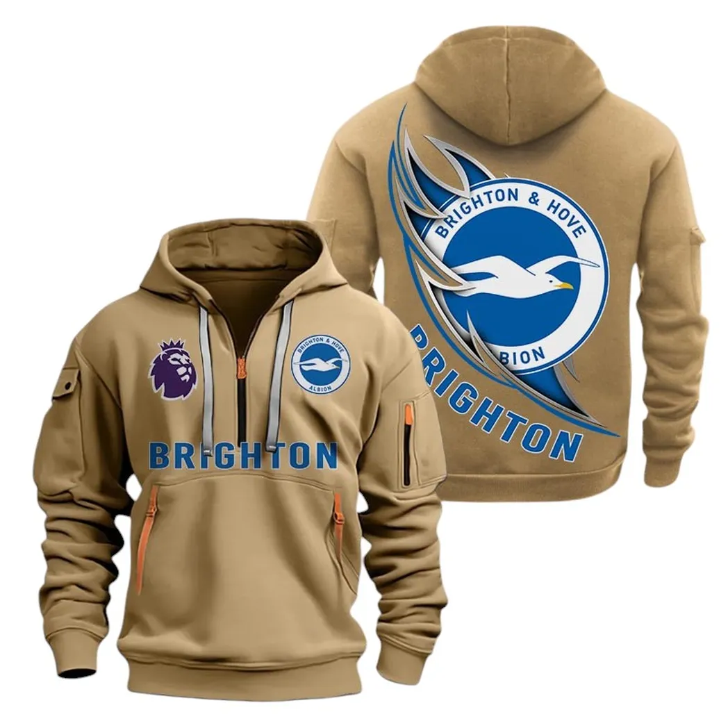 Brighton Hoodie Half Zip, All Over Print Hoodie For Brighton Fans EPL27042525117 - Khaki