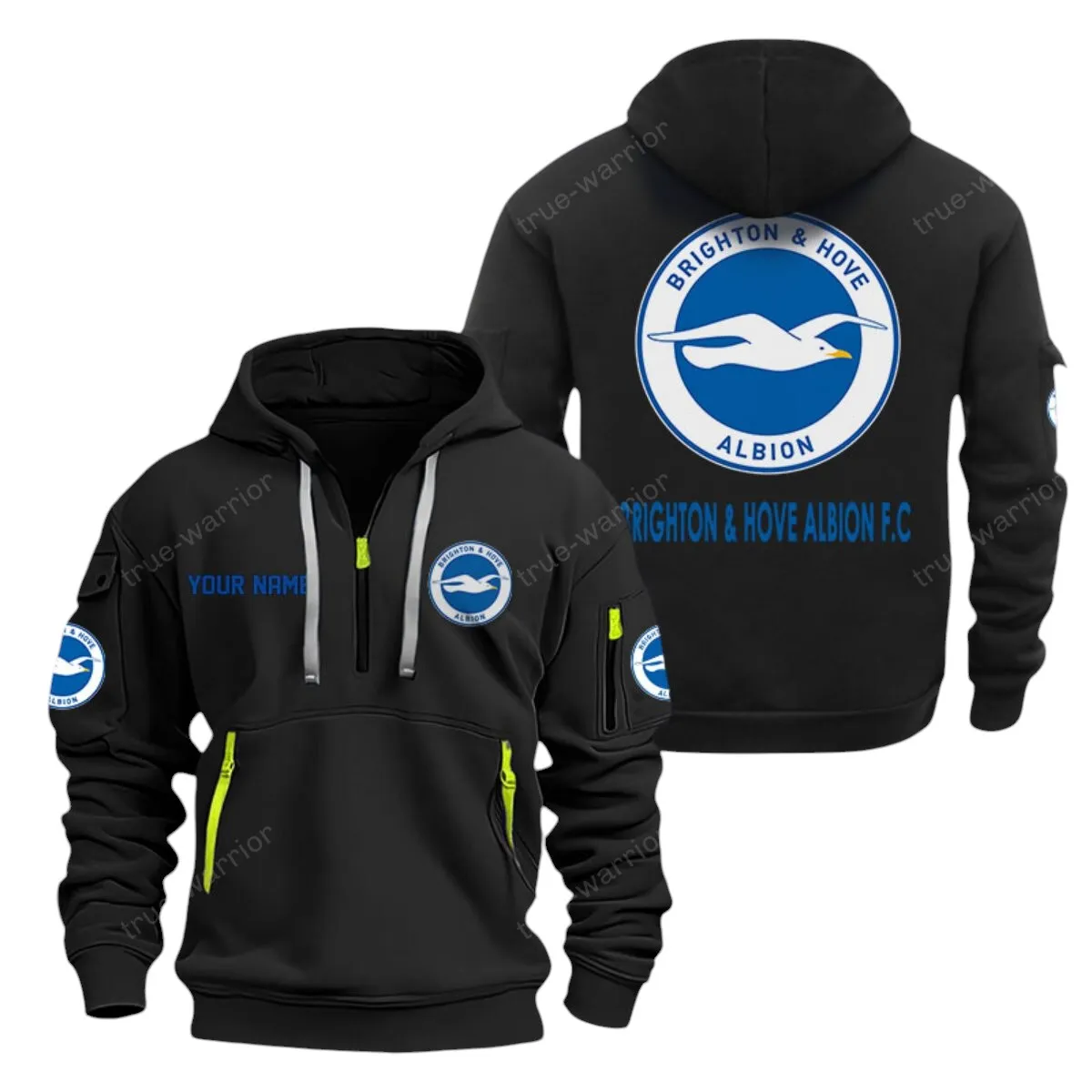 Brighton & Hove Albion Hoodie Half Zip, All Over Print Hoodie For Brighton & Hove Albion Fans EPL28042525897 - Black
