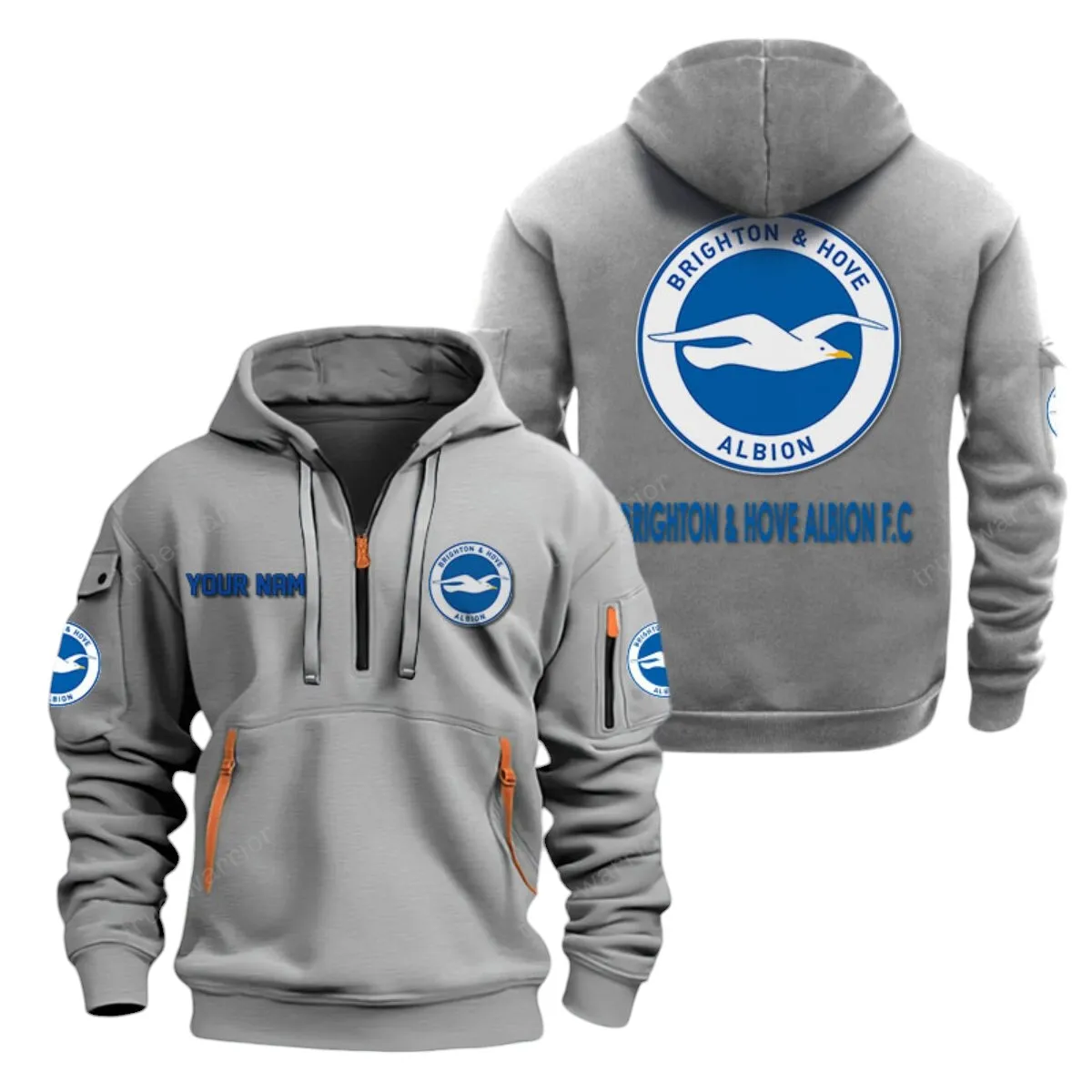 Brighton & Hove Albion Hoodie Half Zip, All Over Print Hoodie For Brighton & Hove Albion Fans EPL28042525897 - Gray