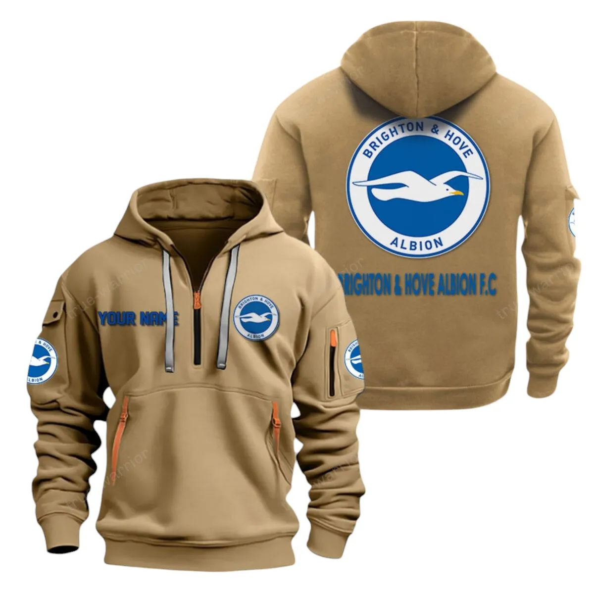 Brighton & Hove Albion Hoodie Half Zip, All Over Print Hoodie For Brighton & Hove Albion Fans EPL28042525897 - Khaki