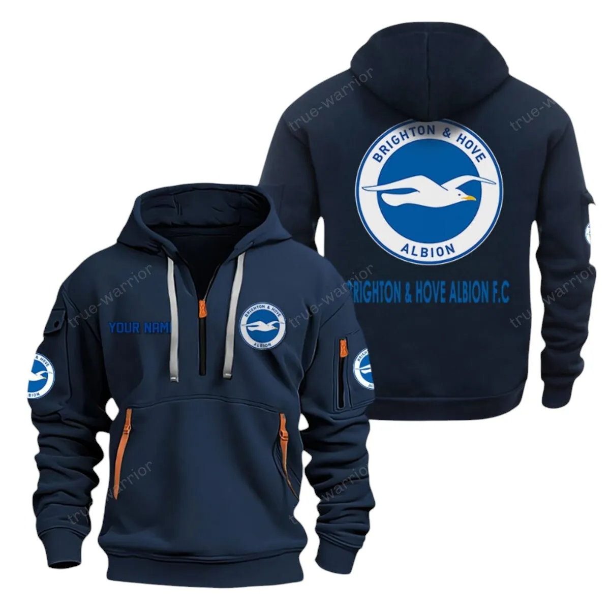 Brighton & Hove Albion Hoodie Half Zip, All Over Print Hoodie For Brighton & Hove Albion Fans EPL28042525897 - Navy