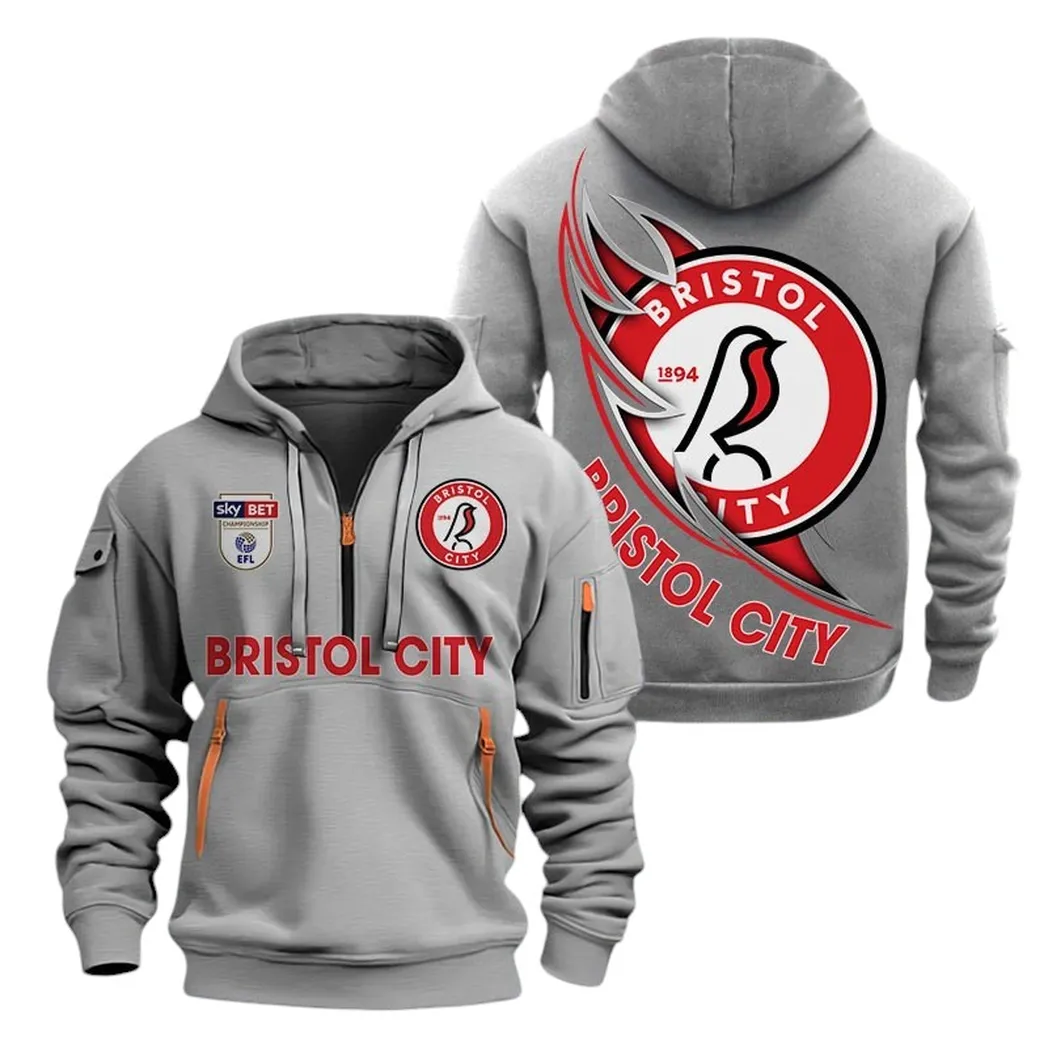 Bristol City Hoodie Half Zip, All Over Print Hoodie For Bristol City Fans EPL27042525127 - Gray