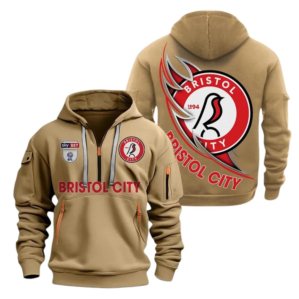Bristol City Hoodie Half Zip, All Over Print Hoodie For Bristol City Fans EPL27042525127 - Khaki
