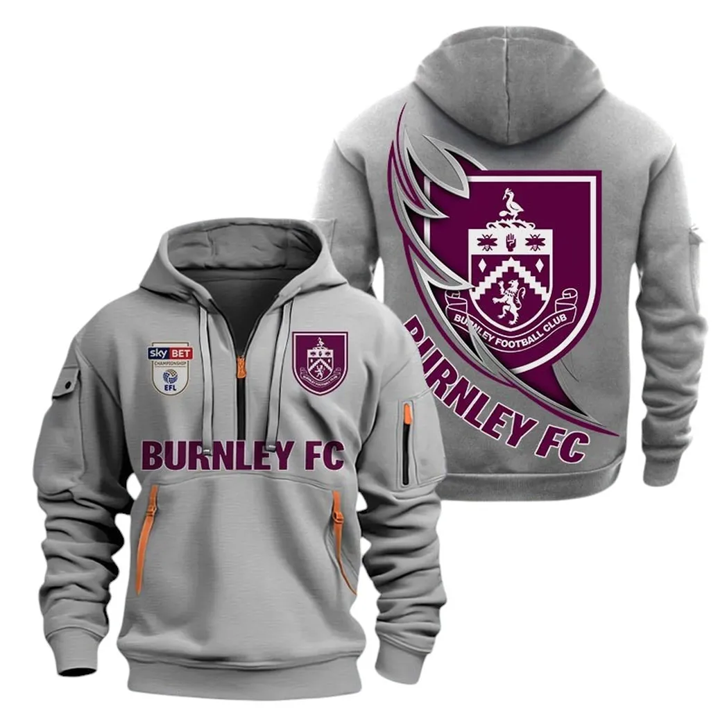 Burnley Hoodie Half Zip, All Over Print Hoodie For Burnley Fans EPL27042525148 - Gray