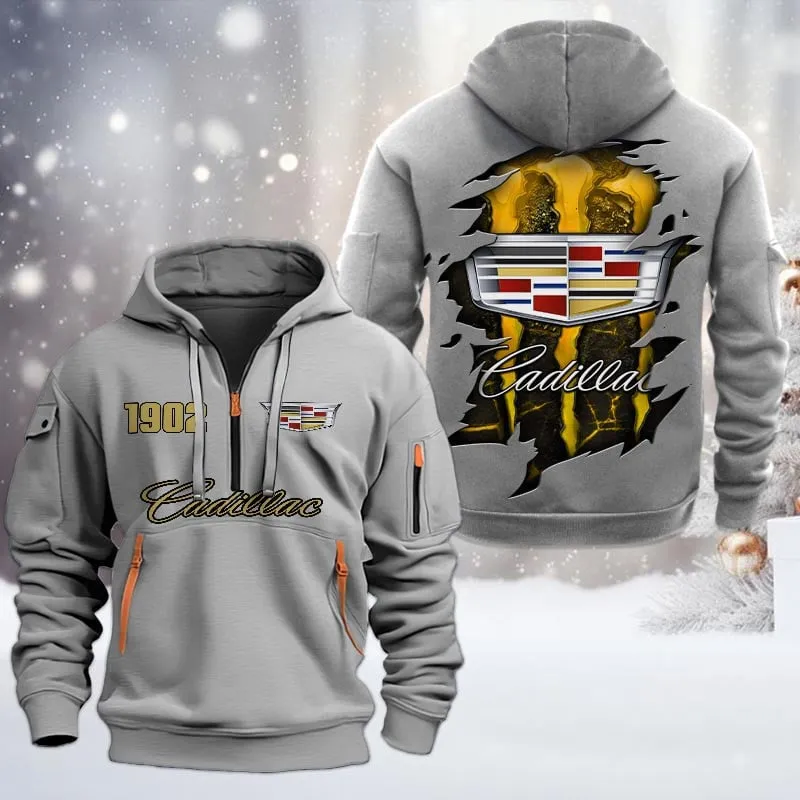 Cadillac Half Zip Hoodie, All Over Print Half Zip Hoodies For Men CAR198032785 - Gray