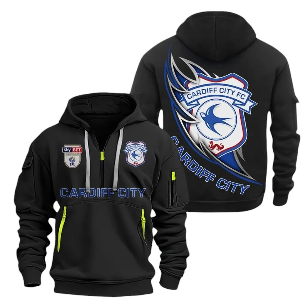 Cardiff City Hoodie Half Zip, All Over Print Hoodie For Cardiff City Fans EPL27042525125 - Black
