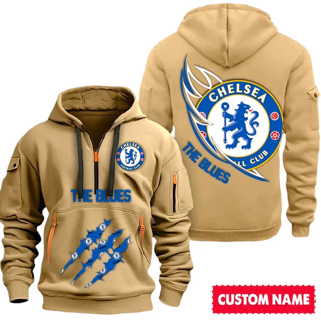 Chelsea EPL Hoodie Half Zipp SPO0120006, Gift For Fan Chelsea - Khaki