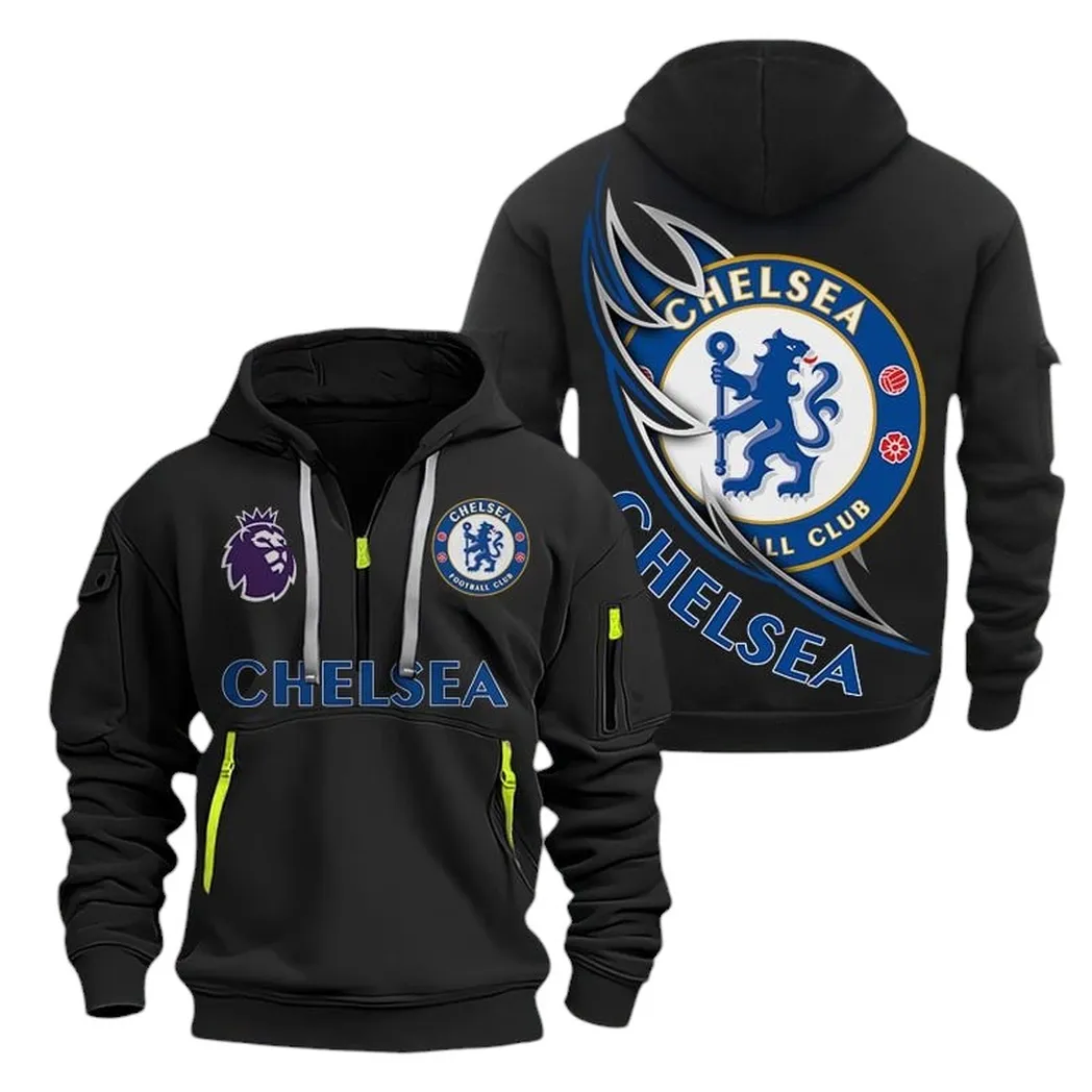 Chelsea Hoodie Half Zip, All Over Print Hoodie For Chelsea Fans EPL27042525112 - Black