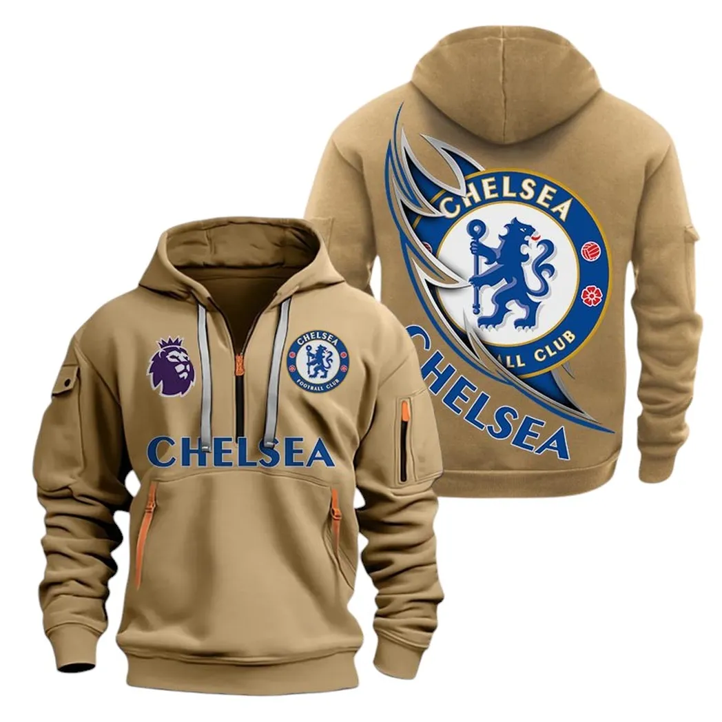 Chelsea Hoodie Half Zip, All Over Print Hoodie For Chelsea Fans EPL27042525112 - Khaki