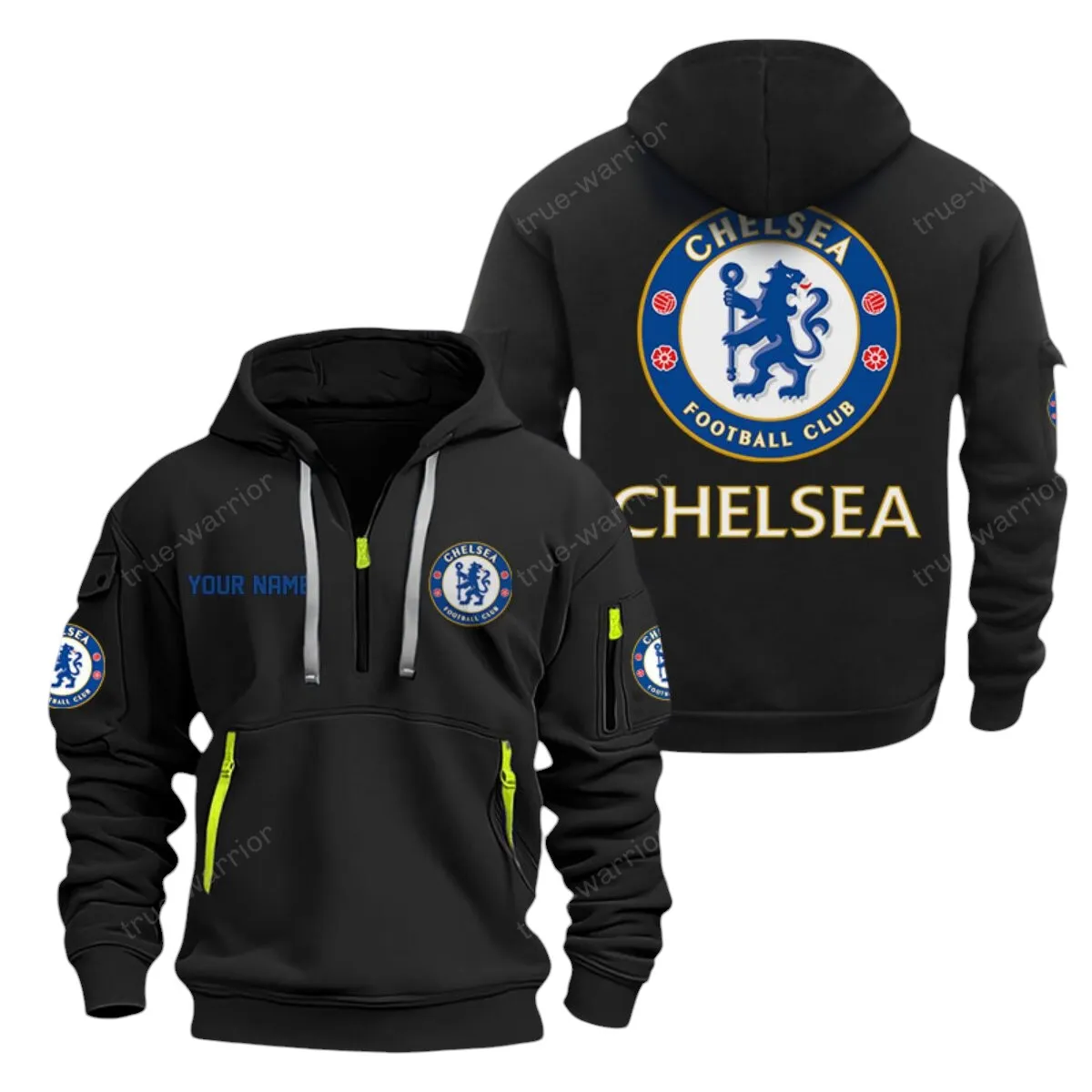 Chelsea Hoodie Half Zip, All Over Print Hoodie For Chelsea Fans EPL28042525888 - Black