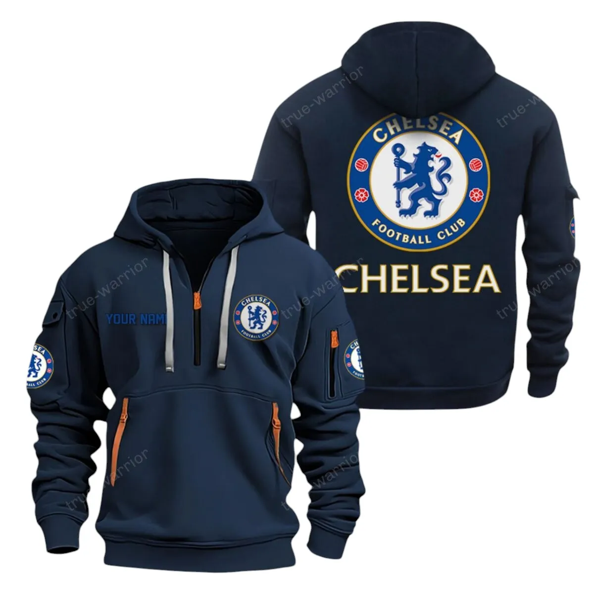 Chelsea Hoodie Half Zip, All Over Print Hoodie For Chelsea Fans EPL28042525888 - Navy